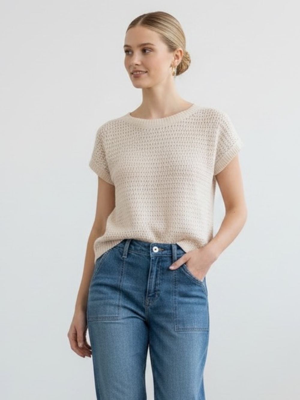 Crewneck Short Sleeve Knit Top in Cream - Picture 8 of 8